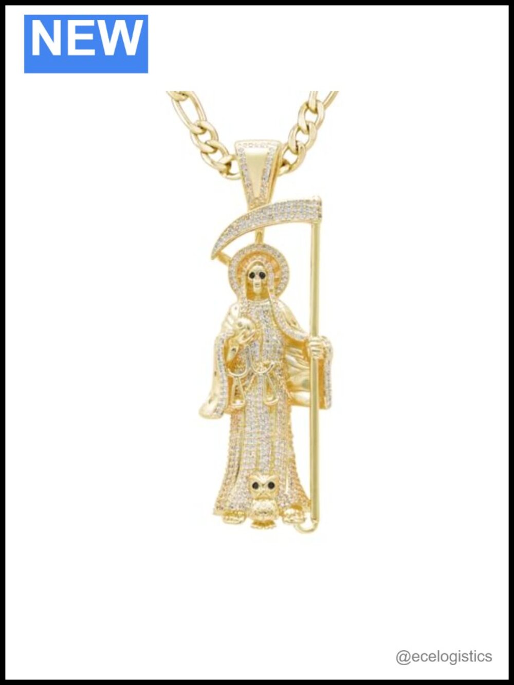 14K Gold Plated Brass Cubic Zirconia Santa Muerte Pendant Necklace Figaro 24in